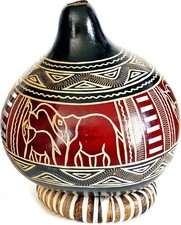 Hand Carved African Gourd Ornament Elephant Rhino Decorative Folk Art, Unique 
