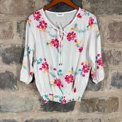 Kindred Women's White Floral Embroidered Peasant Blouse Smocked Hem Tie Neck S