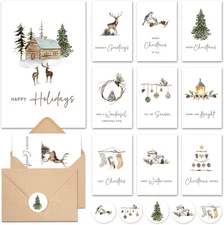 Watercolor Woodland Christmas Cards with Envelopes & Matching Stickers (20 Pack