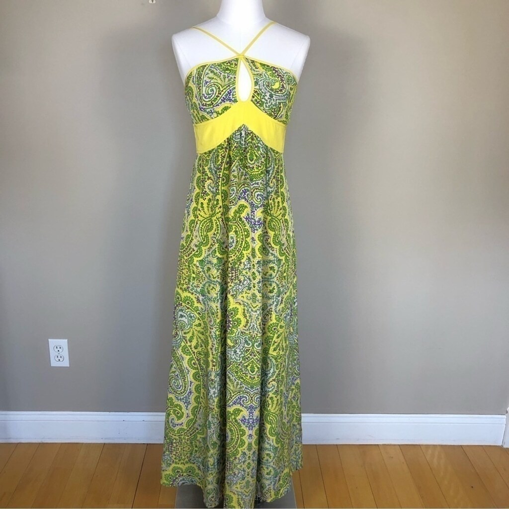 Anthropology Plenty by Tracy Reese yellow green silk maxi dress key hole  halter