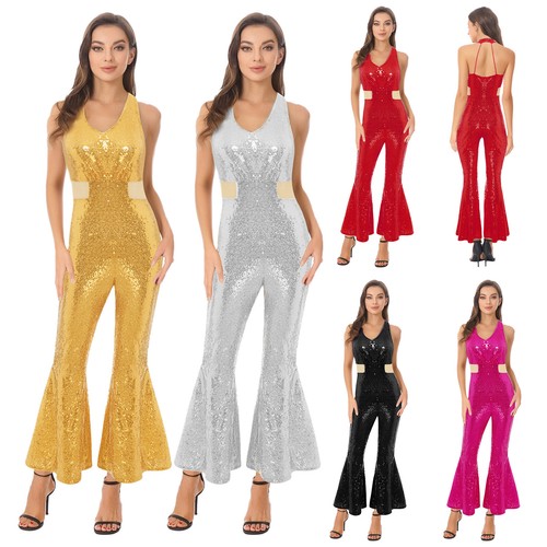 Womens Rompers Mesh Bodysuit Uniform Jumpsuit Sleeveless Clubwear Bell Bottom - Picture 3 of 67