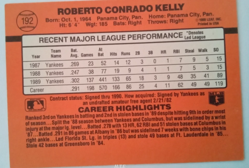 1990 DONRUSS ERROR A PINK DOT ON THE HELMET CARD #192 ROBERTO KELLY YANKEES - Image 3 of 4