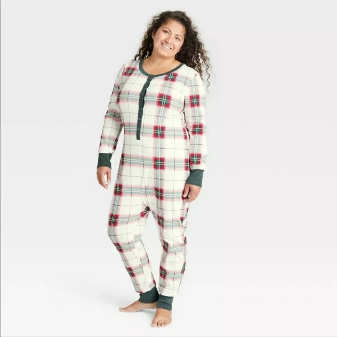 Hearth Hand Magnolia Womens Union Suit Pajamas Red PLAID GREEN XL