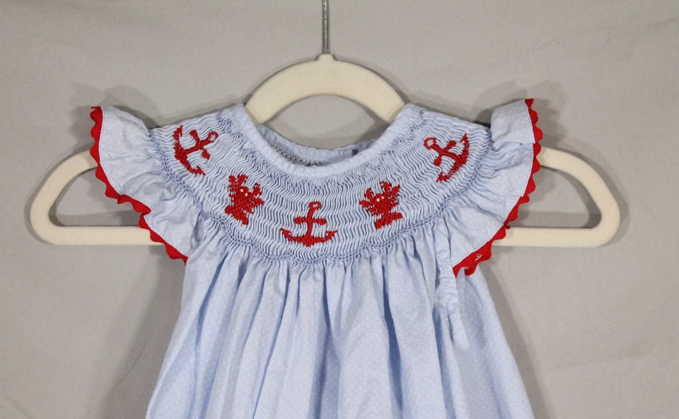 Vestido BELLA MIA KIDS Azul POLKA-DOT Sarga SMOCKED LANGOSTA/ANCLA con Bloomers 18M Foto 2 de 4