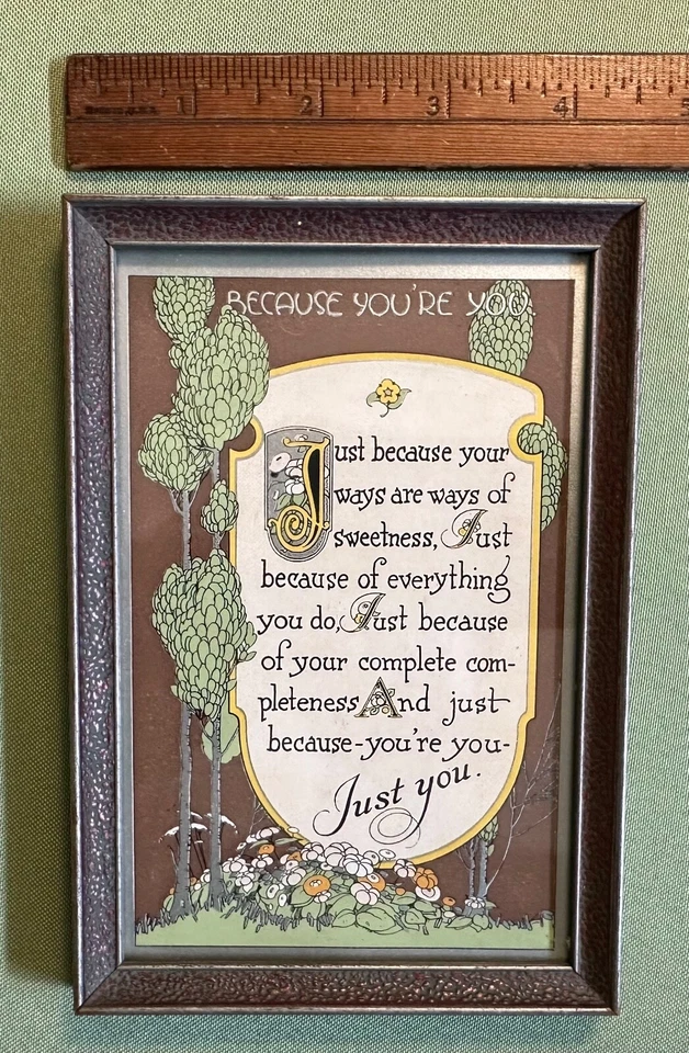Early 1900's JUST YOU Motto w/ Flowers Print Wall Plaque ~ Small, Framed ~ EXC - Image 3 of 4