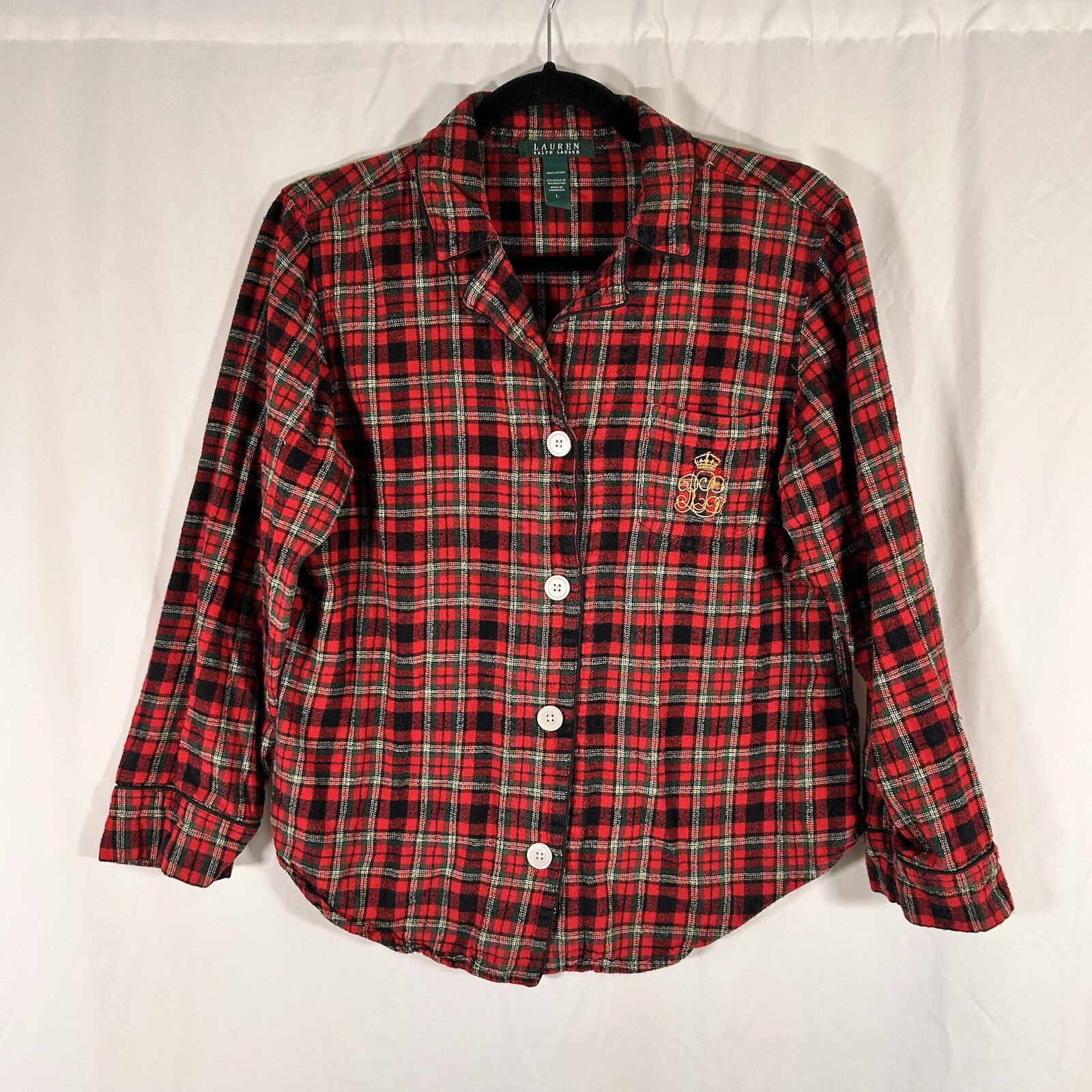 Lauren Ralph Lauren Pajama Shirt Women's Large Red Plaid Button Up Long Sleeve