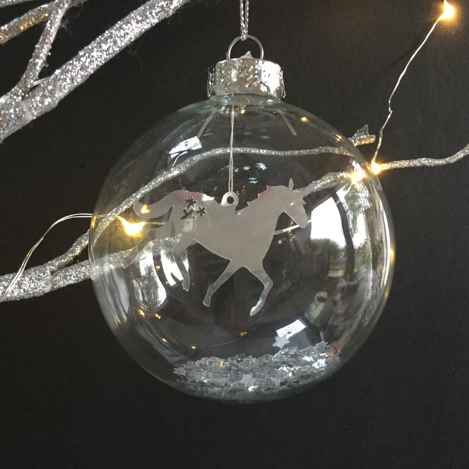 Floating Silver Unicorn Glass Bauble Christmas Tree Decoration Star Glitter