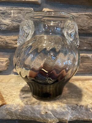 Vintage Art Glass Amethyst Purple To Clear Applied Double Handle Optic Vase 7.5 