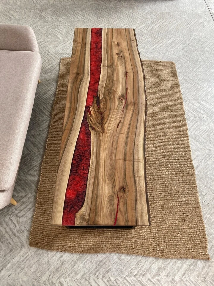 Red Epoxy Console Table Top, Epoxy Live Edge Wooden Console Bar Slab Decor - Image 2 of 4