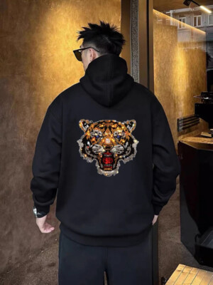 Men Fashion Tiger Trend Hot Diamond Rhinestones Luxury Hoodie Winter Sweatshirt