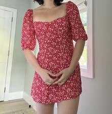 Reformation Kopa Mini Dress Puffed Sleeve Floral Print Red White Size 10