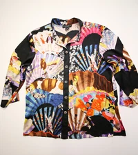 Citron Santa Monica Silk Blouse Womens S Pop Art Fan Print Top Button