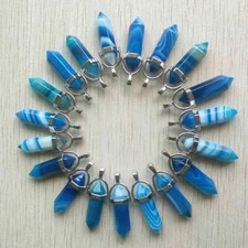 Natural Stone 30pcs Blue Line Agate Pendants Hexagonal Pillar Pendulum Necklaces