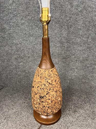 Large Mid Century Modern Cork & Walnut Vintage 3-Way 34” Table Lamp In EUC - Picture 9 of 12