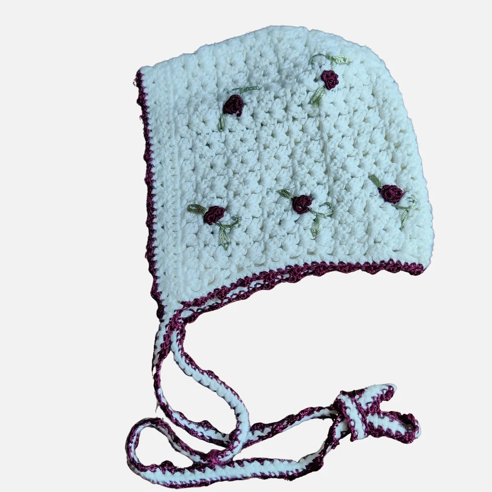 Vintage Handmade Crochet Baby Girl Rose Accent Burgundy White Tie Hat Cap Bonnet - Image 2 of 4