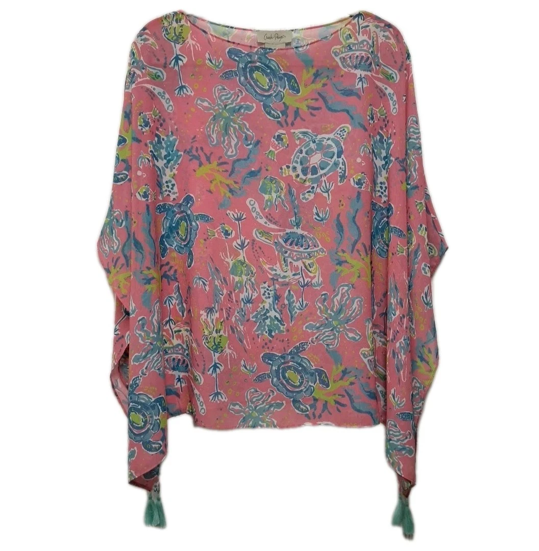 Charlie Paige Poncho Top Womens Pink Ocean Print Chiffon Blouse Resort Cruise