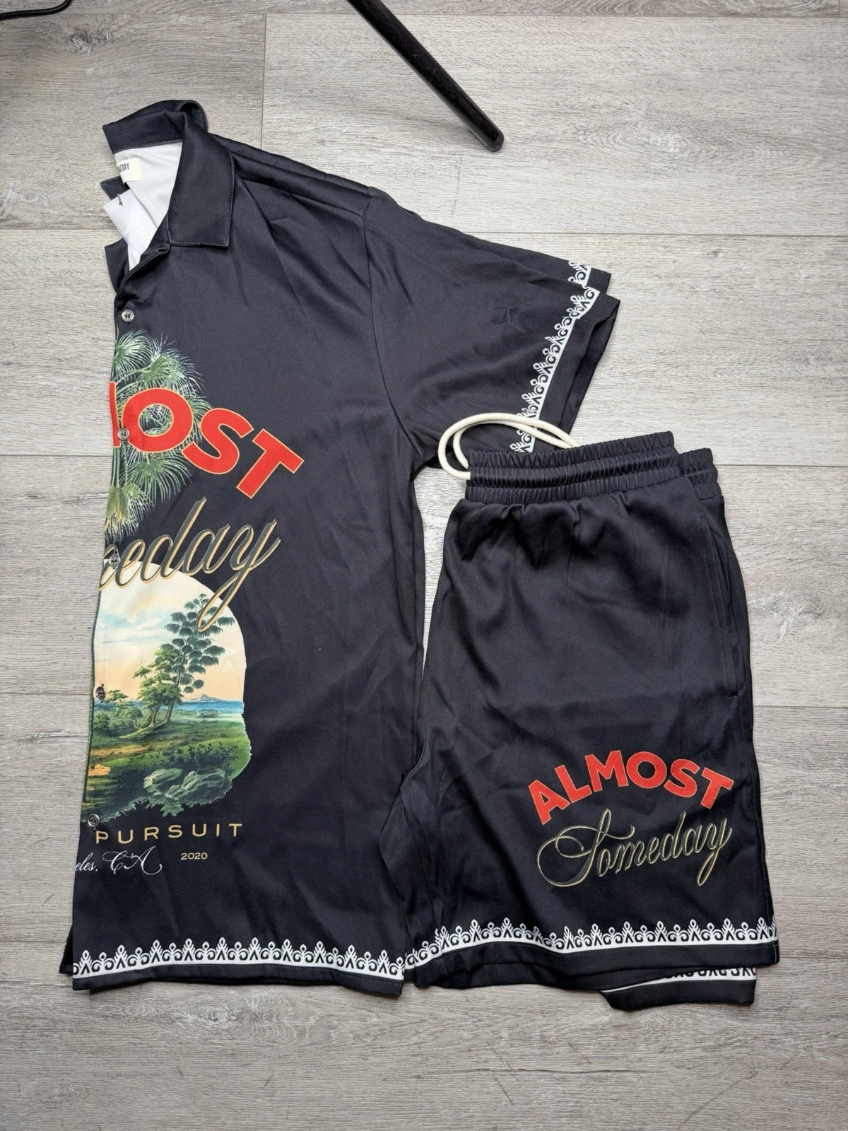 Almost Someday Daydream Button Up & Shorts Set Silk Navy Beach Wear XL Outfit