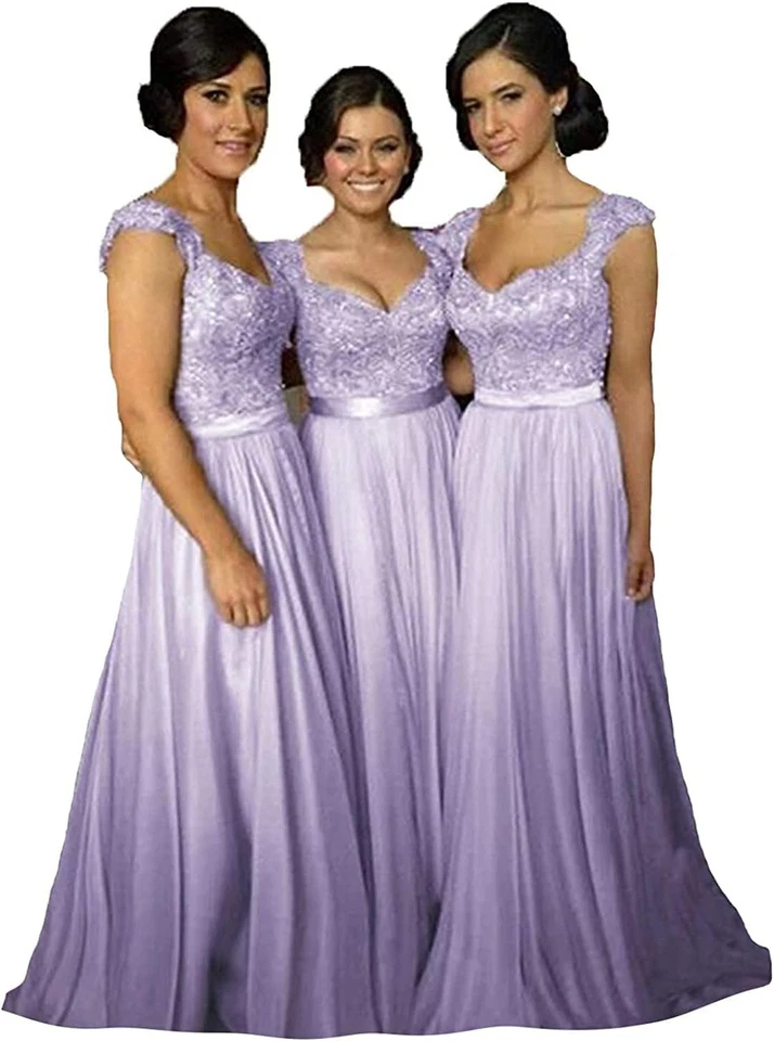 Lange Chiffon Spitze Formale Maxi Prom Kleider Brautjungfer Hochzeitskleid - Bild 2 von 4