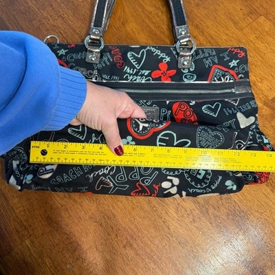【美品✨希少】COACH コーチ ポピー グラムトート ハート アップリケ Coach Poppy large glam tote Black and Red Graphic graffiti heart