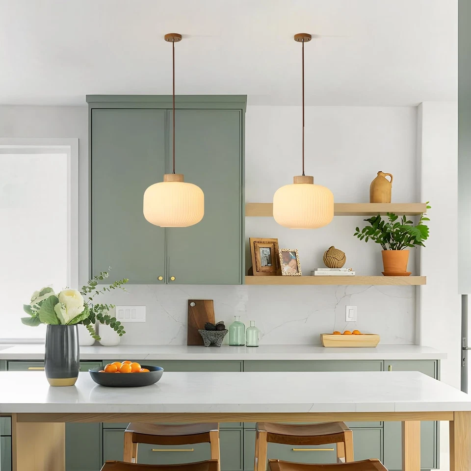 Moderno Grande Mediados de Siglo Vidrio Acanalado Colgante Iluminación Vintage Blanco Leche Woo... Foto 3 de 4