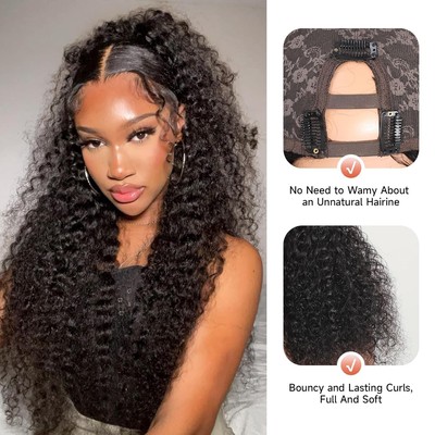 U Part Wig For Black Women 100% Human Hair Wig Curly Glueless Clip In Half Wig