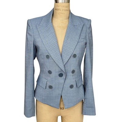 Veronica Beard Dickey Blazer Size 8 Blue Diego Plaid Double Breasted USA Made