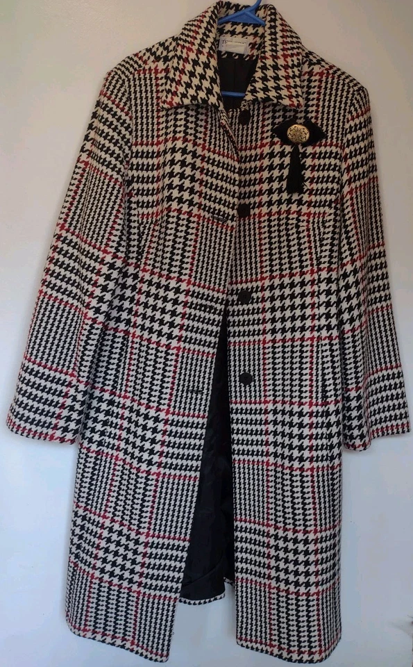 Винтажный Tribeca Studio Houndstooth длинная шерсть пальто красный черный белый W брошь размер 14 - Изображение 2 из 4