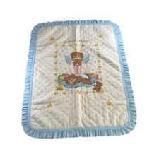 Baby Quilt- Cover- blue ruffles- guardian angel bear- completed design 33x42"