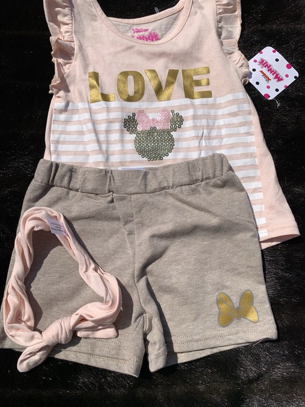 NWT Disney Minnie Mouse Girls Outfit 3 Pc Set Shirt, Shorts & Headband Size 4T