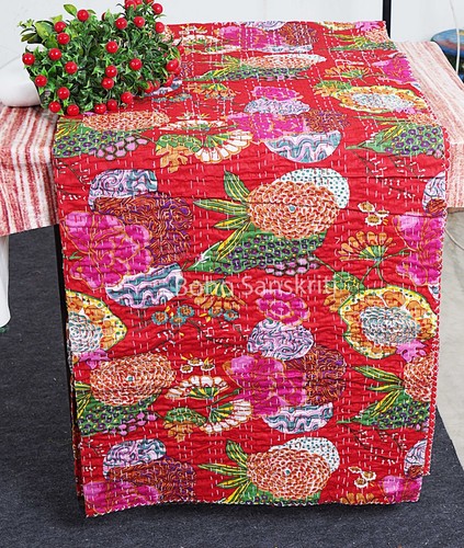 Indian hand stitched cotton floral fruit print kantha quilt gudari throw - Picture 36 of 50