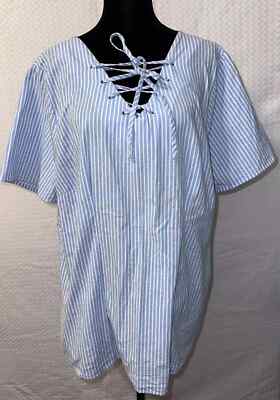 Moa Moa Ladies Blue Pin Stripe Cotton 1/2 Sleeve Blouse Top Tunic Sz 1X S45