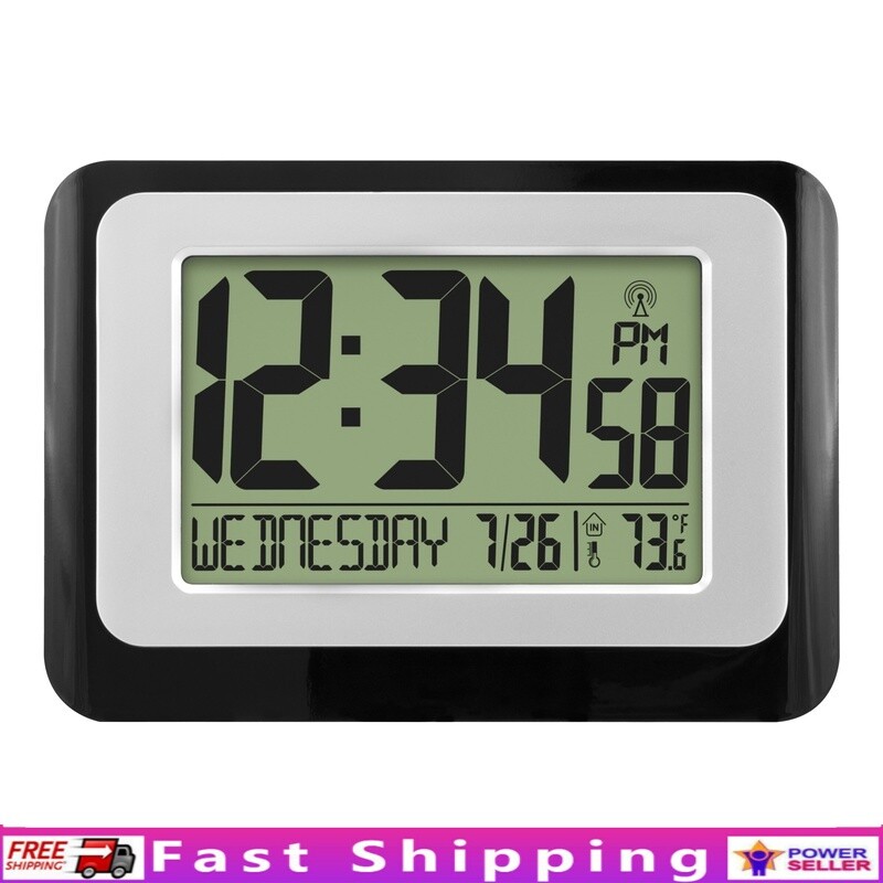 Black Atomic Digital Calendar Desk Alarm Clock with Temperature W88631-image