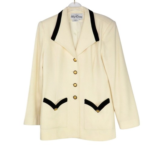 1980s Oleg Cassini Vintage Cream Blazer with Gold Buttons & Black Trim Medium 8