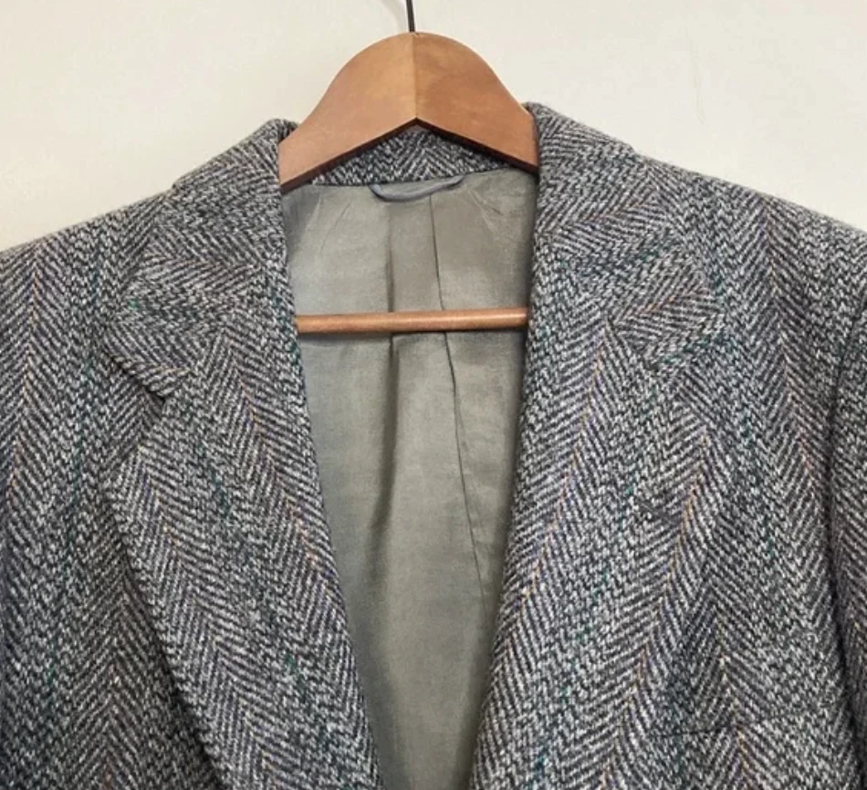 Vintage Harris Tweed Sport Coat Mens 42S Grey Herringbone Blue Stripe Blazer Foto 4 de 4