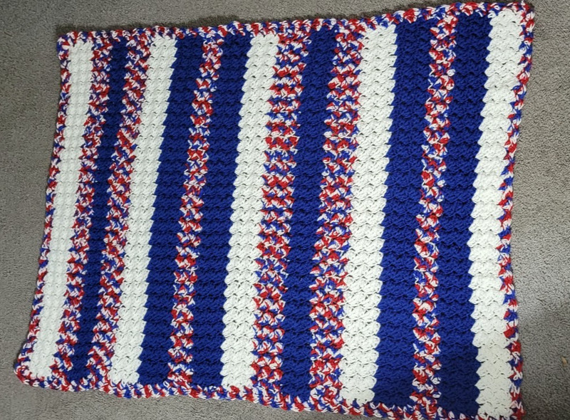 PATRIOTIC JUST MADE : Hand Crochet  Lap Blanket 32 X 42 Red ,White And Blue