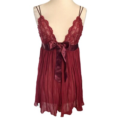 Victoria s Secret Chemise Pleated Chiffon Lingerie Sheer Lace Cups Satin Bow L