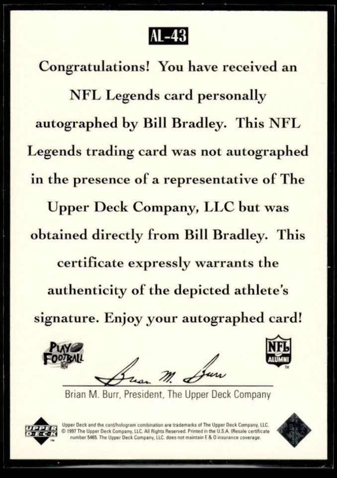 Bill Bradley 1997 Upper Deck Legends Autographs #AL43 Auto Eagles - Image 2 of 2