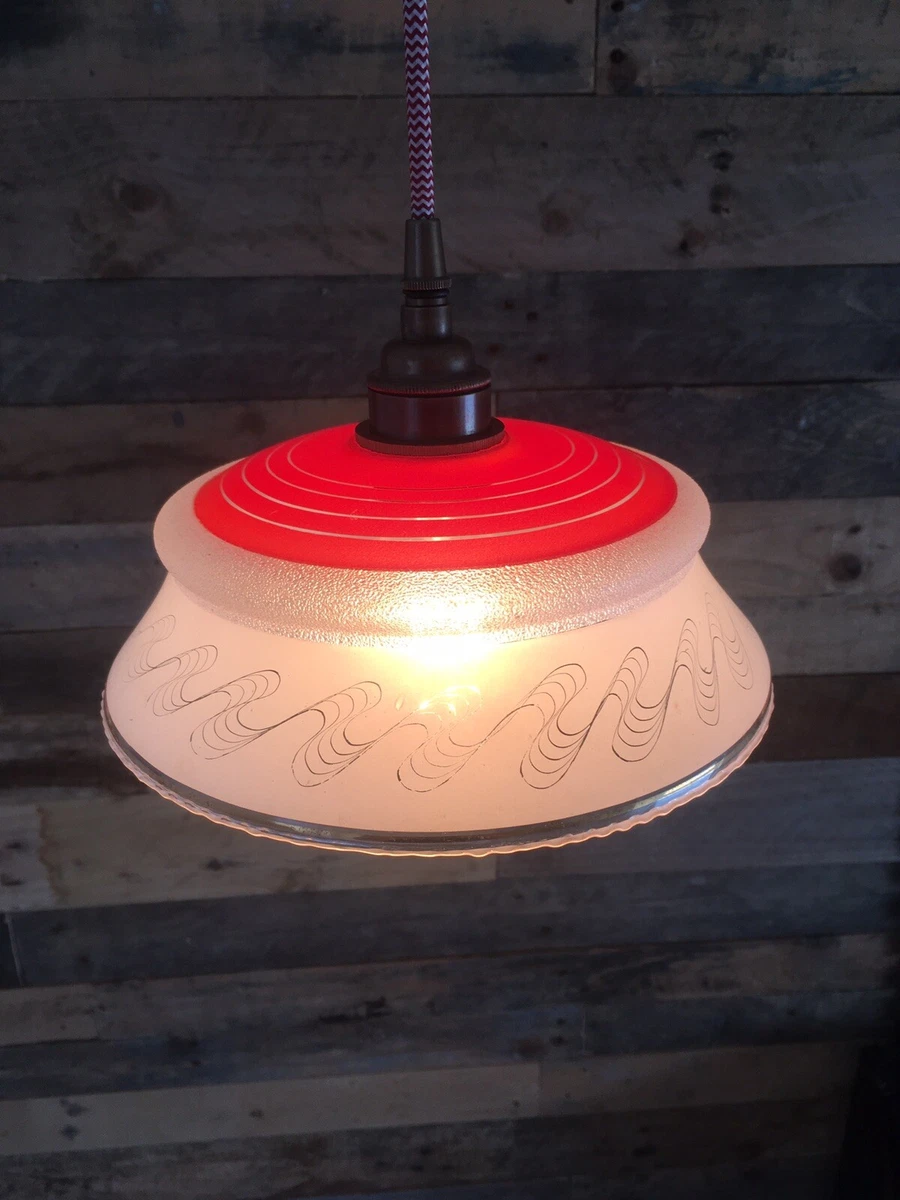 1930 S ART DECO RED WHITE GOLD GLASS UFO CEILING LIGHT LAMP SHADE FLYCATCHER