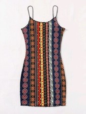 Womens Size 12-14 UK Geo Aztec Ribbed Bodycon Dress Lettuce Trim L New Geometric