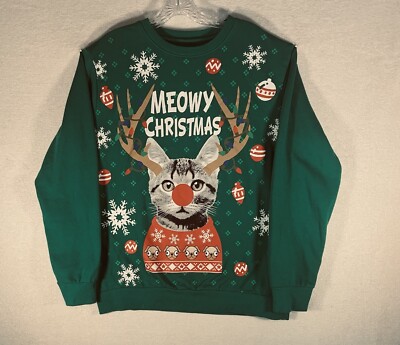 Well Worn Large Holiday Meowy Ugly Christmas Sweatshirt Green Unisex Sz Large