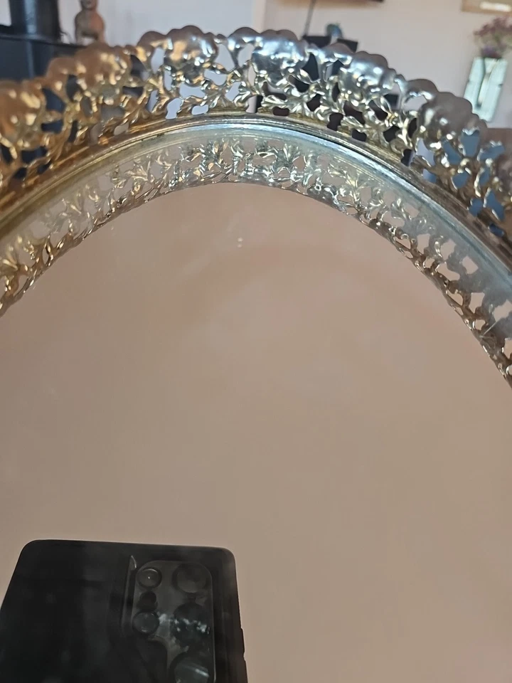 Vintage Gold Filigree Vanity Mirror Or Tray; Ornate Brass; Velvet Back 13x9 Oval - Image 2 of 4