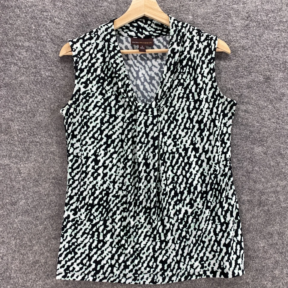 Blusa Dana Buchman Mujer S Pequeña Negra Geométrica Cuello en V Sin Mangas Correa Ancha Foto 3 de 4