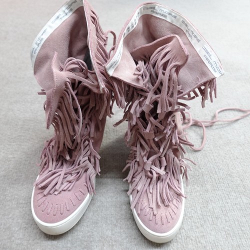 Gisel Moire Paris Womens Sneakers 10 Pink Hidden Wedge Moccasin Fringe Italy - Picture 2 of 11