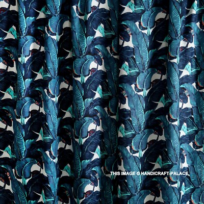 5 Yard Palm Leaf Print Cotton Running Women Dressmaking Sewing Fabric Green Blue