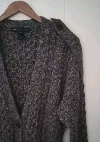 Marc Jacobs 100% Wool Fisherman Cardigan Sweater Womens M Brown Black White Belt - Picture 2 of 6