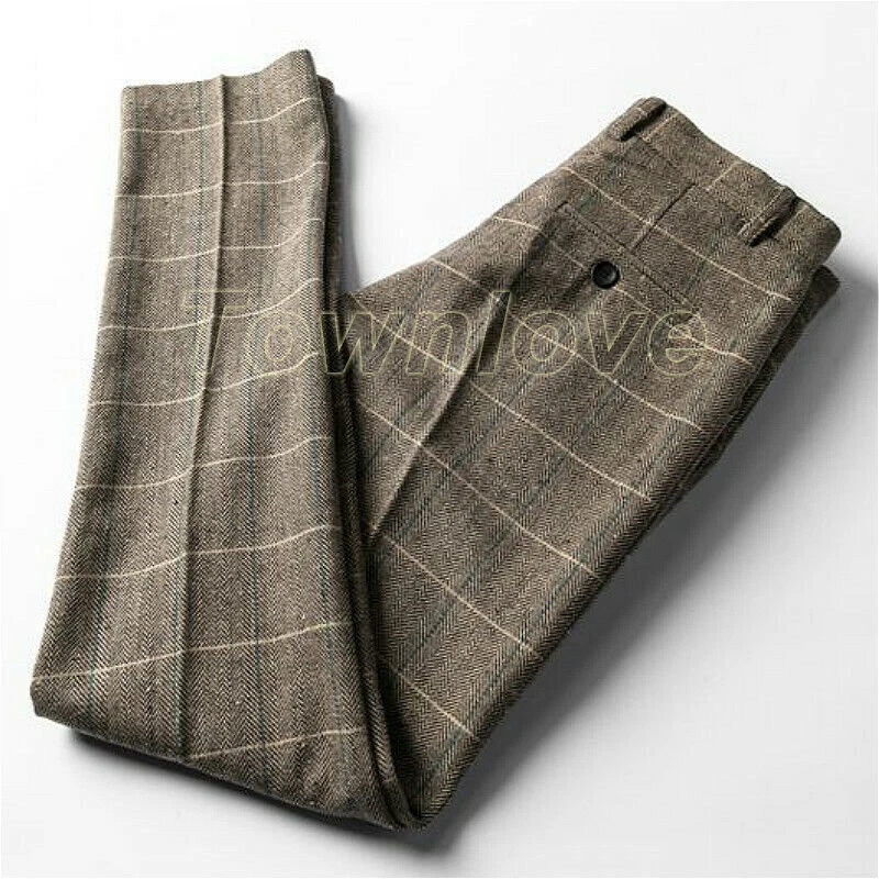 Men Herringbone Tweed Pants Retro British Plaid Wool Blend Tapered Trousers Warm