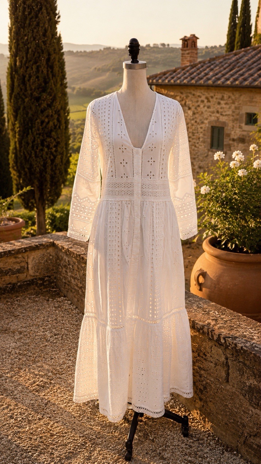 Zara White Eyelet V-Neck Button Front Long Sleeve Maxi Dress Women M/L