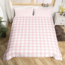 Girls Pink Bedding Set Kids Teens Watercolor Light Pink Checked Comforter Cov...