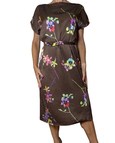 Marc Jacobs, Marc Jacobs Dress Silk Brown Floral Shift Belted Vintage Satin 12 Retro Pop