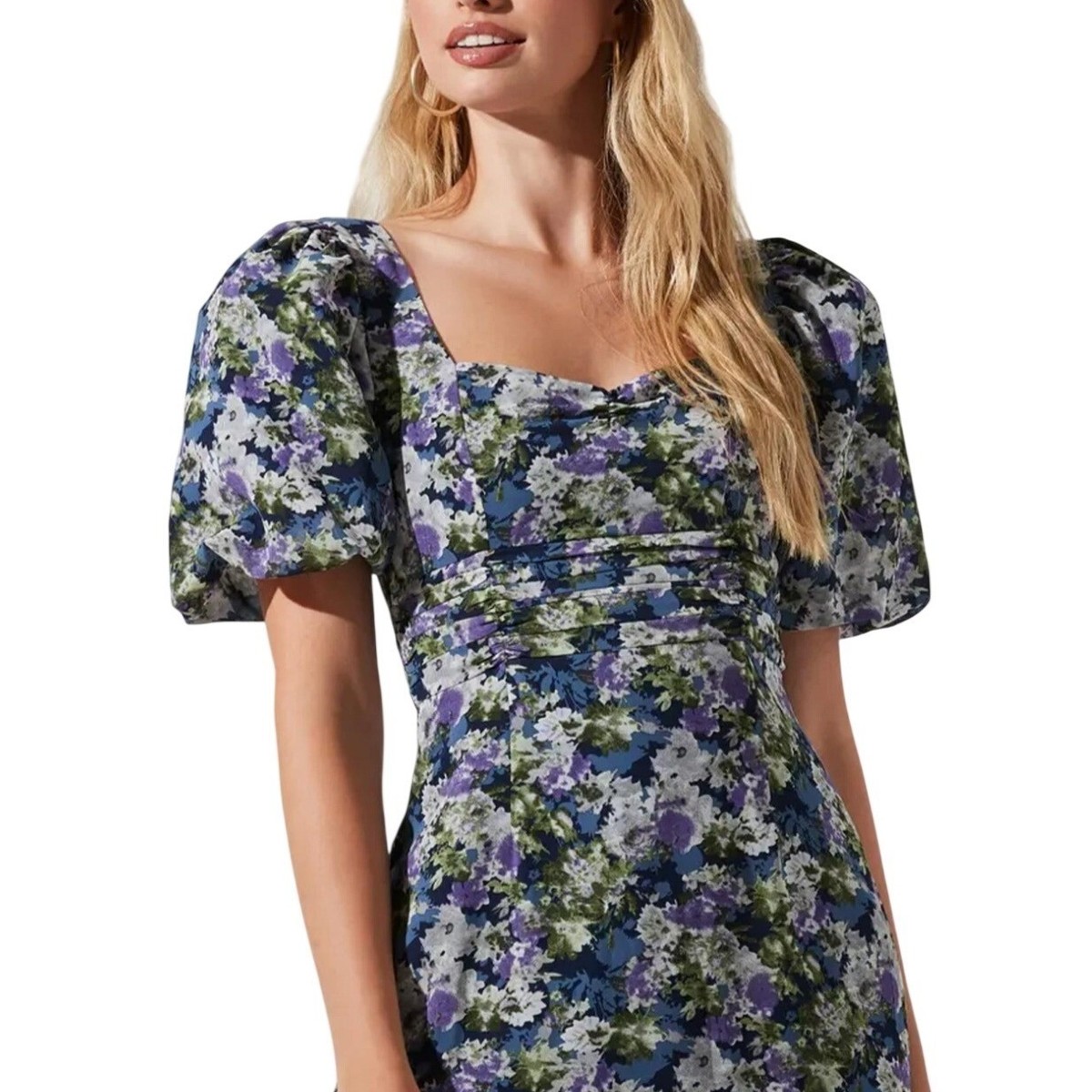 ASTR The Label Blue Multi Floral Short Balloon Sleeve Asymmetrical Midi Dress M View 2